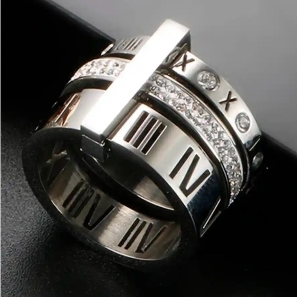Stackable Inlaid Zircon Stainless Steel
Roman Numerals Ring - Picture 2 of 3